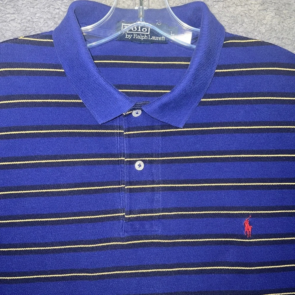 VTG Polo Ralph Lauren Shirt Men's Size L Blue Black Yellow Striped Red Pony Polo